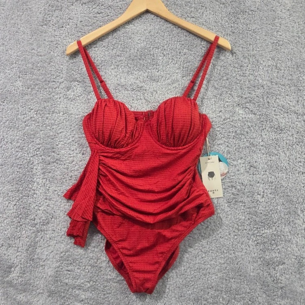 RHODE One Piece Swimsuit Women Large Red Textured Ruffle Underwire Swiss Dot NWT